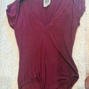 Free People Burgundy V-Neck Bodysuit